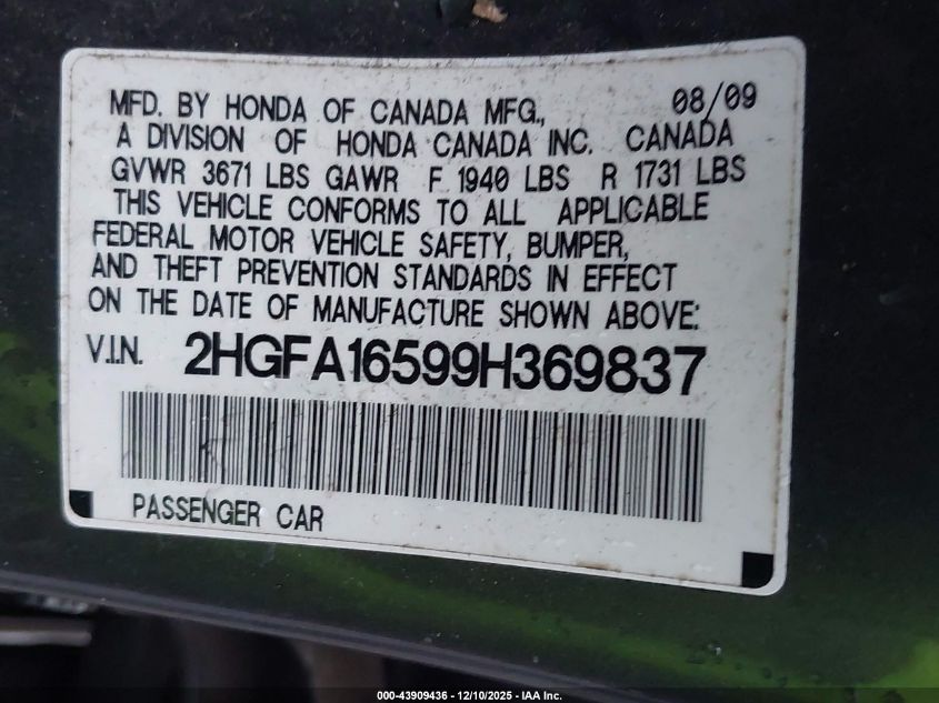 2009 Honda Civic Lx VIN: 2HGFA16599H369837 Lot: 43909436