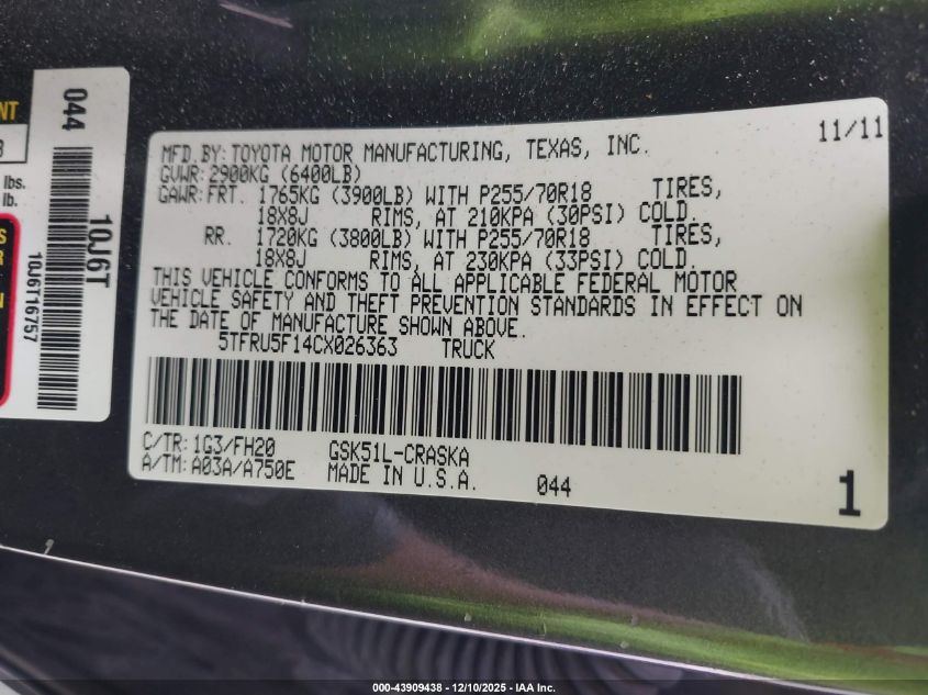 2012 Toyota Tundra Grade V6 VIN: 5TFRU5F14CX026363 Lot: 43909438