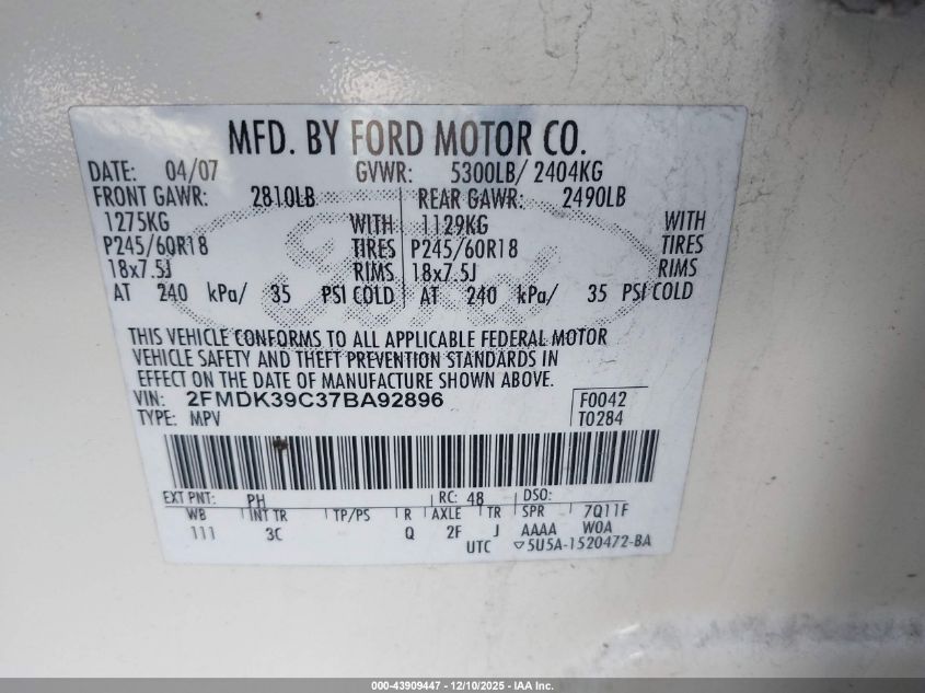 2007 Ford Edge Sel Plus VIN: 2FMDK39C37BA92896 Lot: 43909447