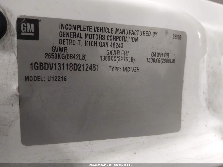 2008 Chevrolet Uplander Cargo VIN: 1GBDV13118D212461 Lot: 43909449