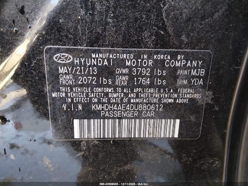 2013 Hyundai Elantra Gls VIN: KMHDH4AE4DU880612 Lot: 43909455