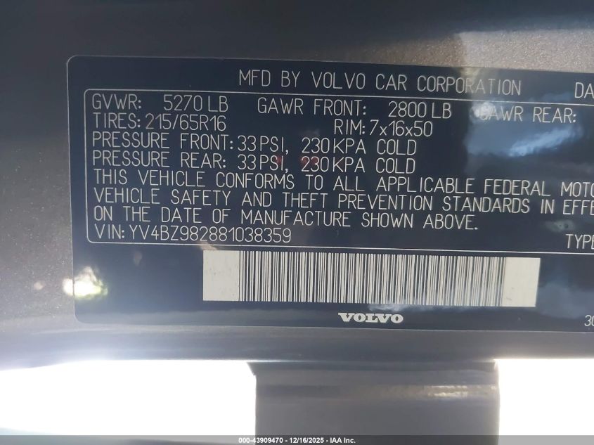 2008 Volvo Xc70 3.2 VIN: YV4BZ982881038359 Lot: 43909470