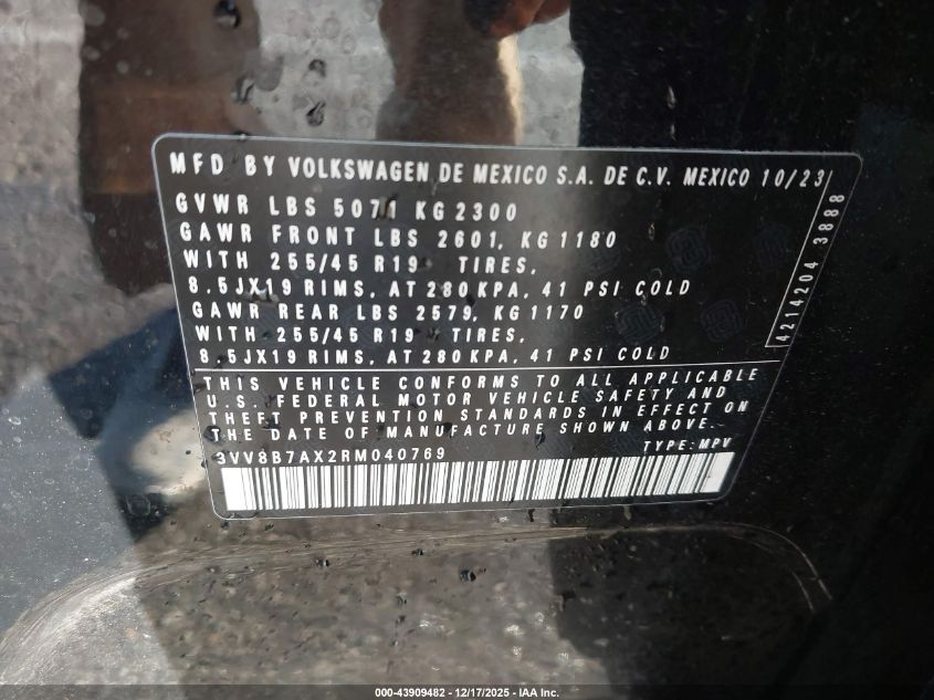 2024 Volkswagen Tiguan 2.0T Se R-Line Black VIN: 3VV8B7AX2RM040769 Lot: 43909482