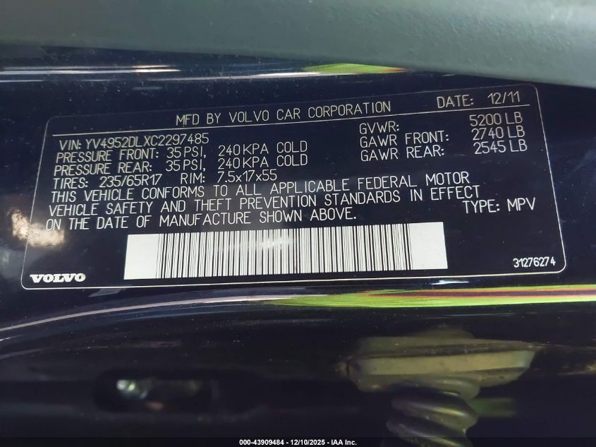 2012 Volvo Xc60 3.2/3.2 Platinum/3.2 Premier/3.2 Premier Plus VIN: YV4952DLXC2297485 Lot: 43909484