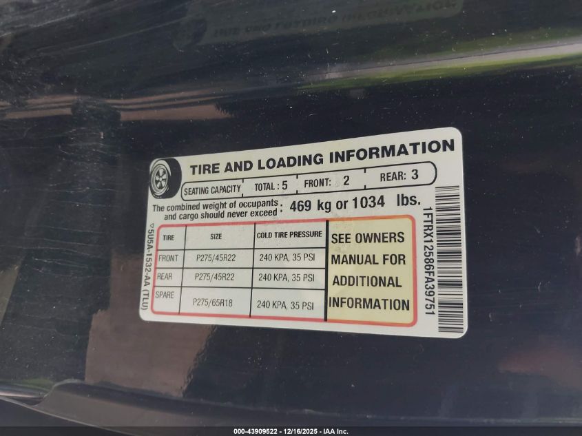 2006 Ford F-150 Lariat/Xl/Xlt VIN: 1FTRX12586FA39751 Lot: 43909522