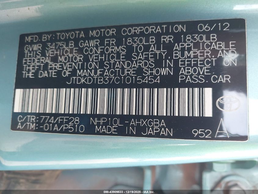 2012 Toyota Prius C Three VIN: JTDKDTB37C1015454 Lot: 43909533