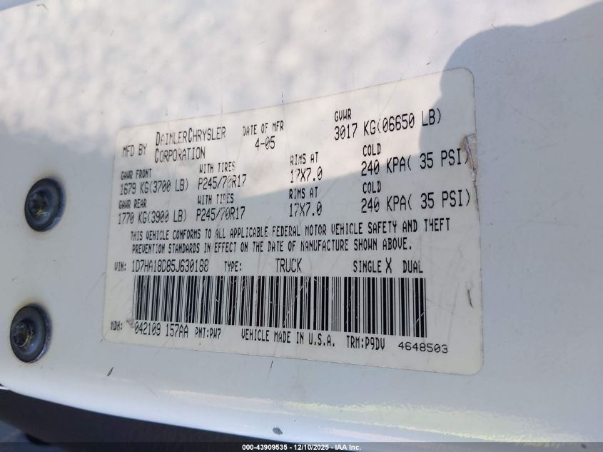 2005 Dodge Ram 1500 St VIN: 1D7HA18D85J630188 Lot: 43909535