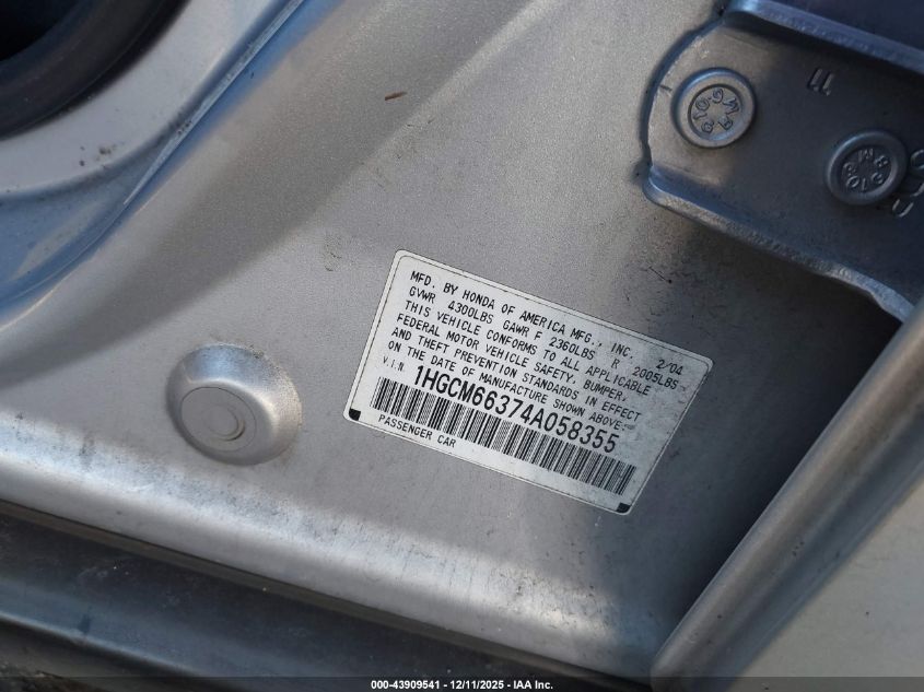 2004 Honda Accord 3.0 Lx VIN: 1HGCM66374A058355 Lot: 43909541