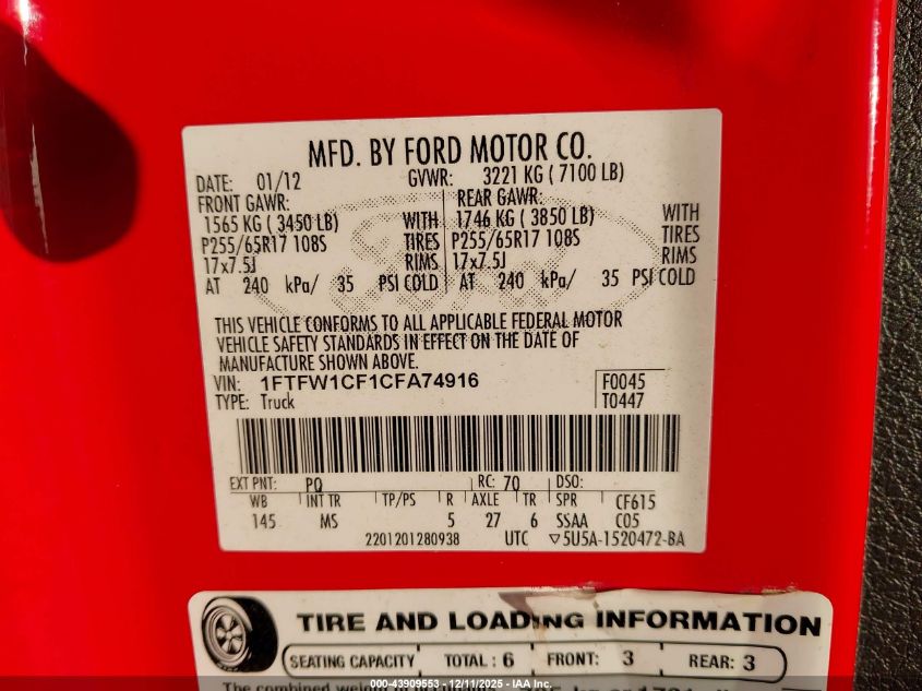 2012 Ford F-150 Xlt VIN: 1FTFW1CF1CFA74916 Lot: 43909553