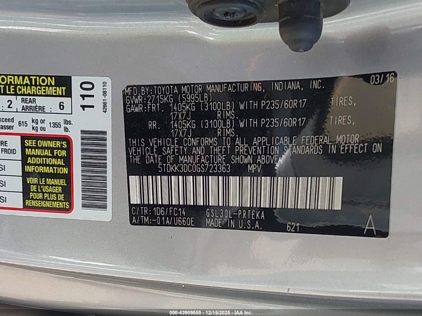 2016 Toyota Sienna Le 8 Passenger VIN: 5TDKK3DC0GS723363 Lot: 43909559