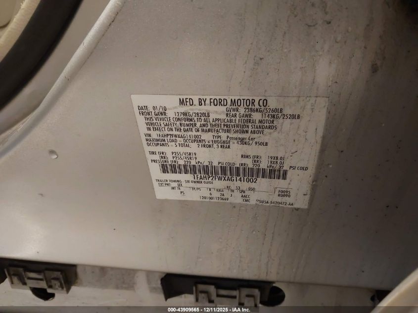 2010 Ford Taurus Limited VIN: 1FAHP2FWXAG141002 Lot: 43909565