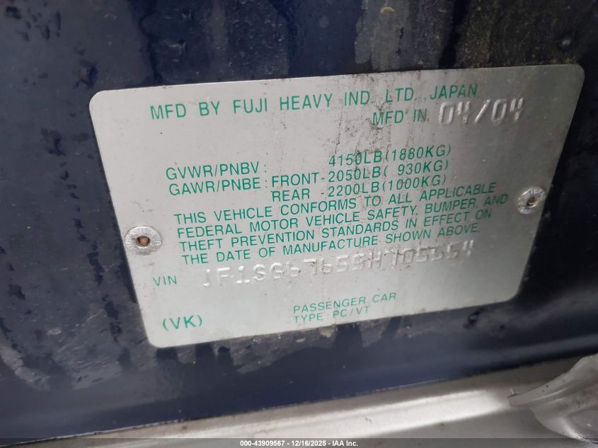 2005 Subaru Forester 2.5Xs L.l. Bean VIN: JF1SG67655H705554 Lot: 43909567