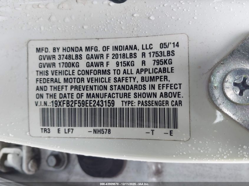 2014 Honda Civic Lx VIN: 19XFB2F59EE243159 Lot: 43909578