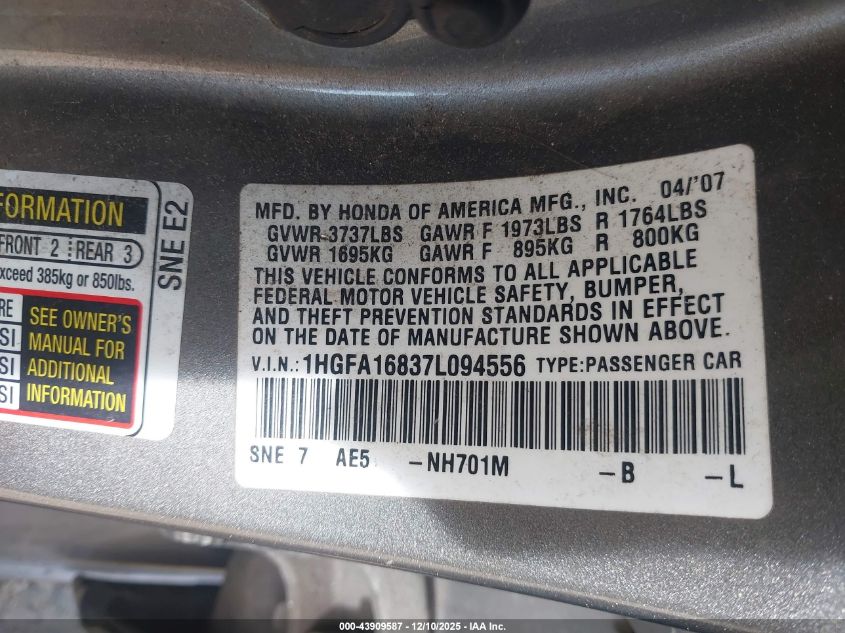 2007 Honda Civic Ex VIN: 1HGFA16837L094556 Lot: 43909587
