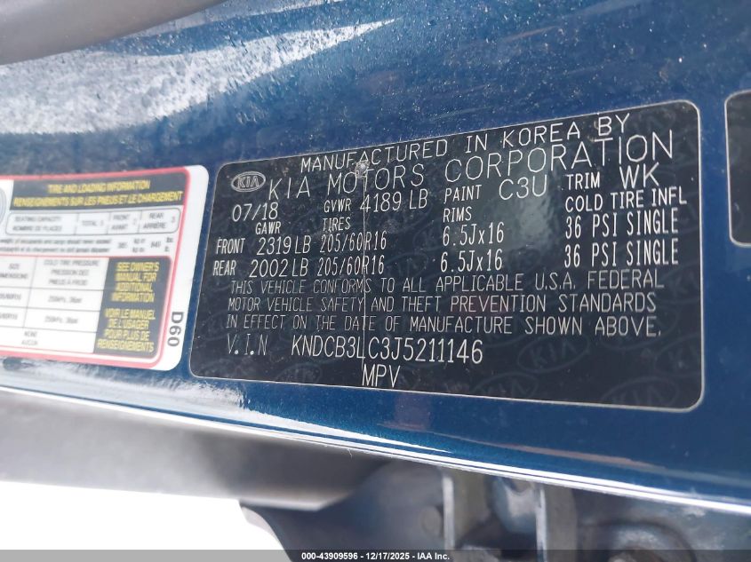 2018 Kia Niro Lx VIN: KNDCB3LC3J5211146 Lot: 43909596