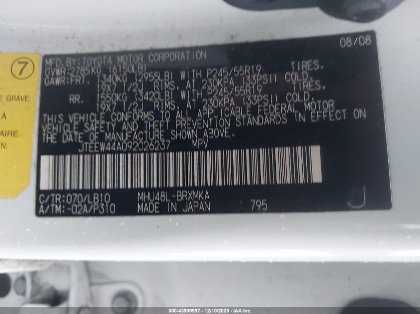 2009 Toyota Highlander Hybrid Limited VIN: JTEEW44A092026237 Lot: 43909597