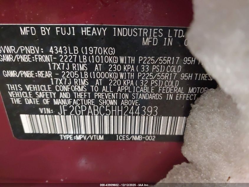 2017 Subaru Crosstrek 2.0I Premium VIN: JF2GPABC5HH244393 Lot: 43909602