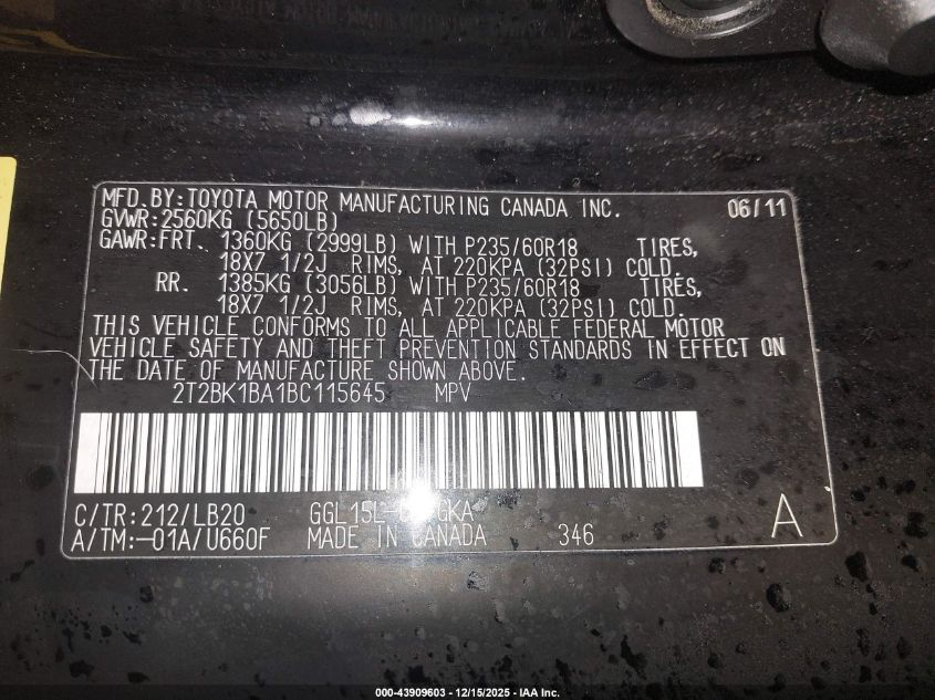 2011 Lexus Rx 350 VIN: 2T2BK1BA1BC115645 Lot: 43909603