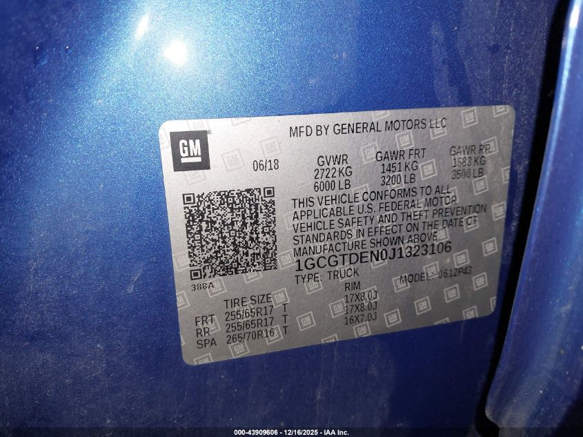 2018 Chevrolet Colorado Z71 VIN: 1GCGTDEN0J1323106 Lot: 43909606