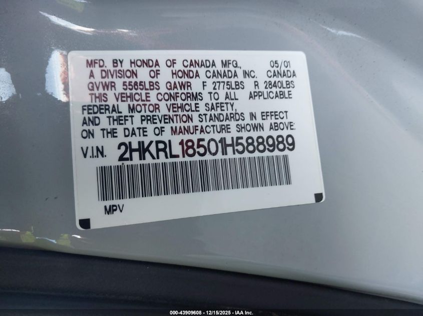 2001 Honda Odyssey Lx VIN: 2HKRL18501H588989 Lot: 43909608