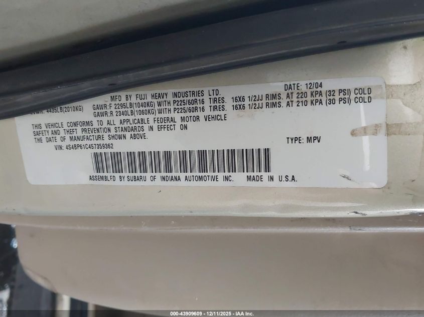 2005 Subaru Outback 2.5I VIN: 4S4BP61C457359362 Lot: 43909609