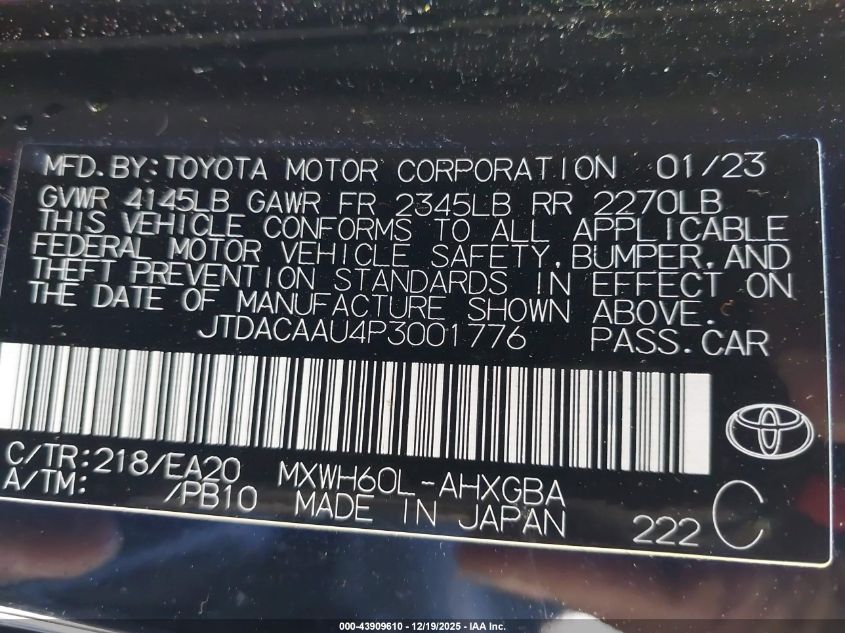 2023 Toyota Prius Xle VIN: JTDACAAU4P3001776 Lot: 43909610