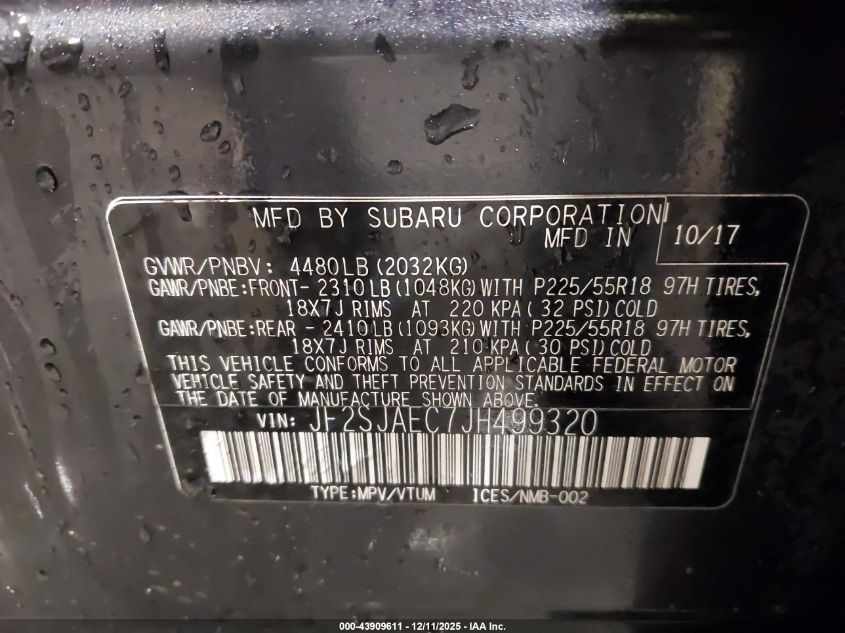 2018 Subaru Forester 2.5I Premium VIN: JF2SJAEC7JH499320 Lot: 43909611