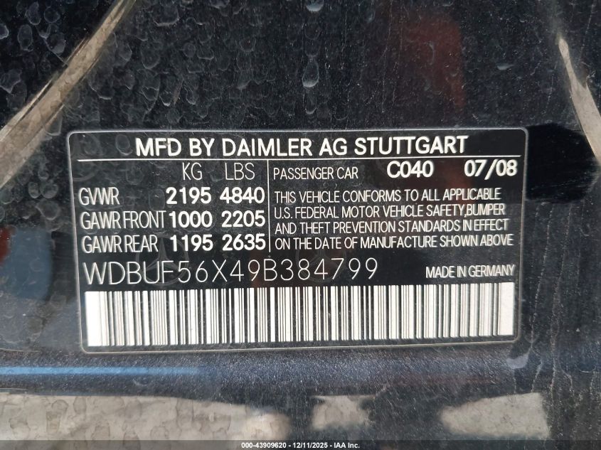 2009 Mercedes-Benz E 350 VIN: WDBUF56X49B384799 Lot: 43909620