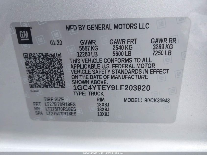 2020 Chevrolet Silverado 3500Hd 4Wd Long Bed Lt VIN: 1GC4YTEY9LF203920 Lot: 43909631