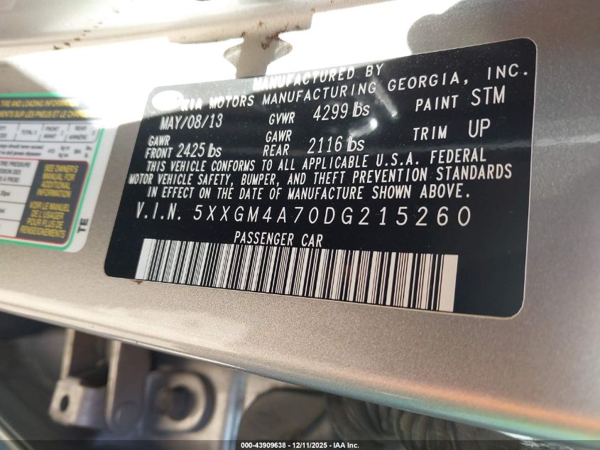 2013 Kia Optima Lx VIN: 5XXGM4A70DG215260 Lot: 43909638