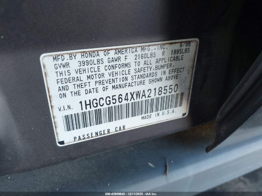 1998 Honda Accord Lx VIN: 1HGCG564XWA218550 Lot: 43909640