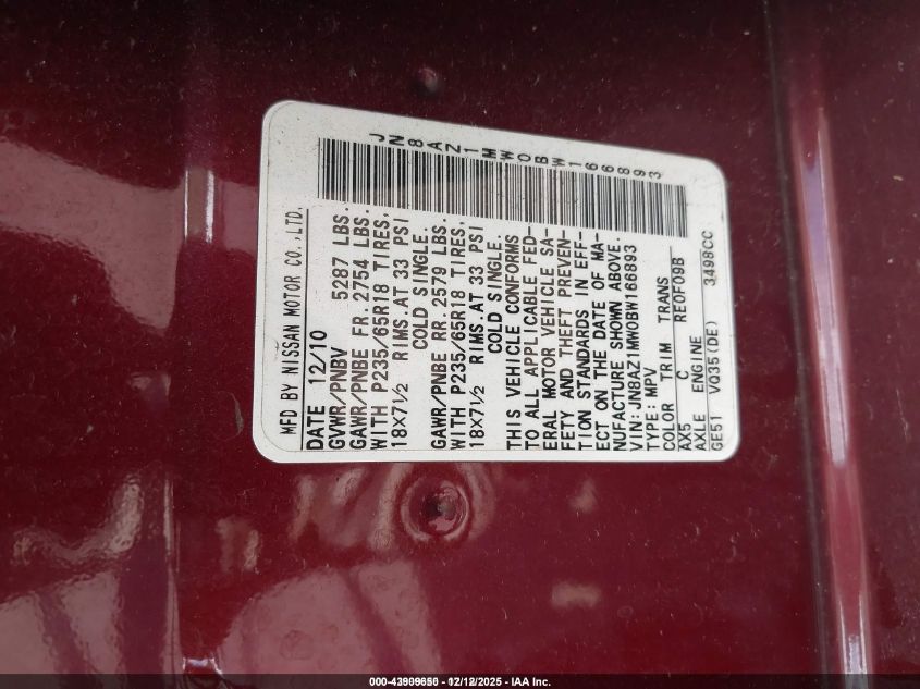 2011 Nissan Murano Sl VIN: JN8AZ1MW0BW166893 Lot: 43909650