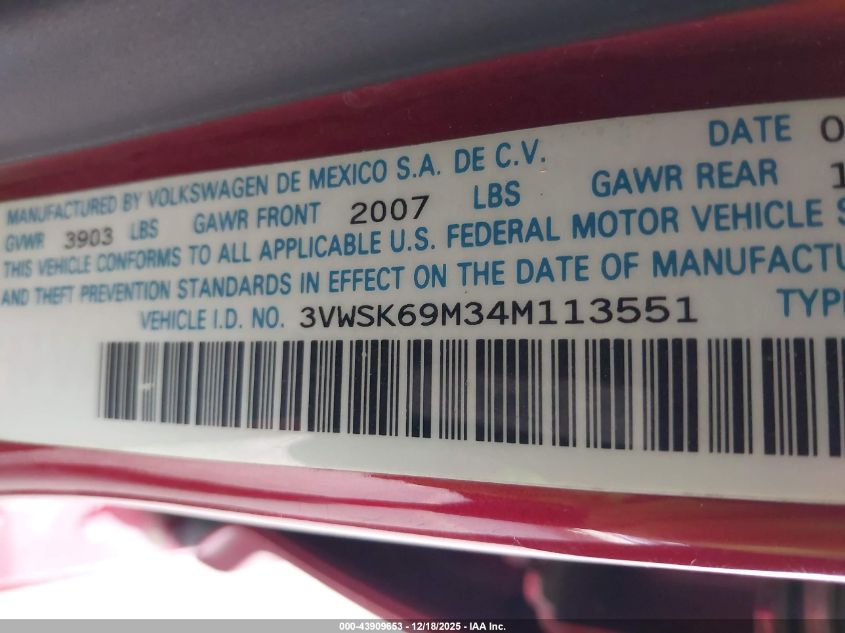 2004 Volkswagen Jetta Gls 2.0L VIN: 3VWSK69M34M113551 Lot: 43909653