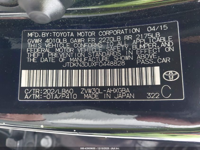 2015 Toyota Prius Four VIN: JTDKN3DUXF0448828 Lot: 43909659