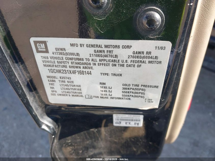 2004 Chevrolet Silverado 2500Hd Ls VIN: 1GCHK231X4F160144 Lot: 43909666