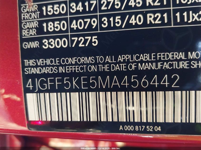 2021 Mercedes-Benz Gls 450 4Matic VIN: 4JGFF5KE5MA456442 Lot: 43909668