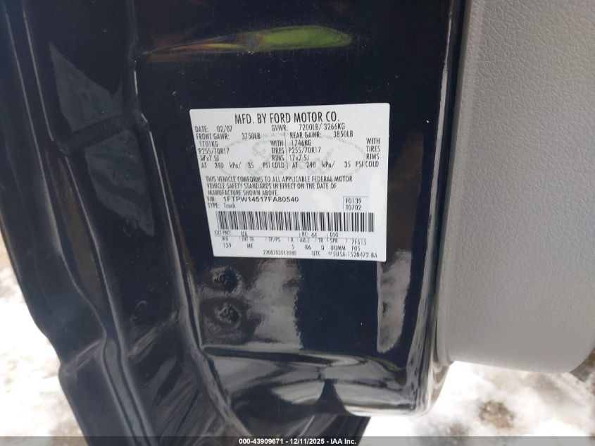 2007 Ford F-150 Fx4/Lariat/Xlt VIN: 1FTPW14517FA80540 Lot: 43909671