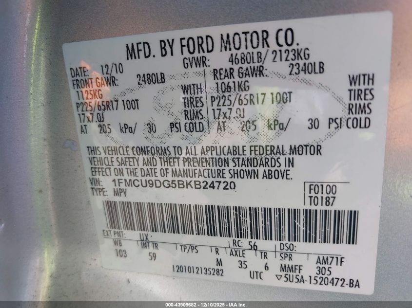 2011 Ford Escape Xlt VIN: 1FMCU9DG5BKB24720 Lot: 43909682