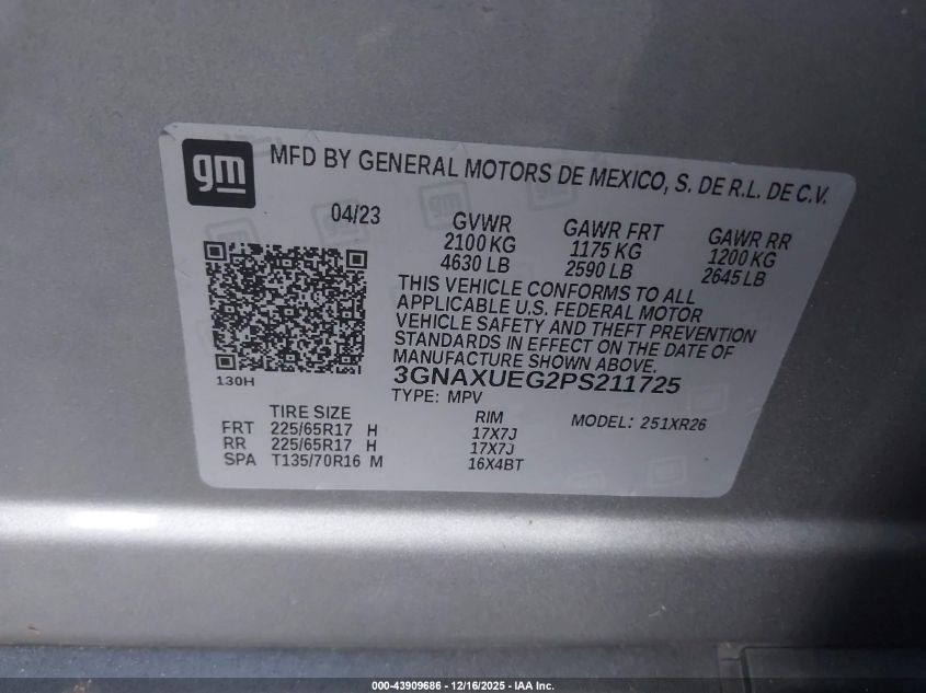 2023 Chevrolet Equinox Awd Lt VIN: 3GNAXUEG2PS211725 Lot: 43909686