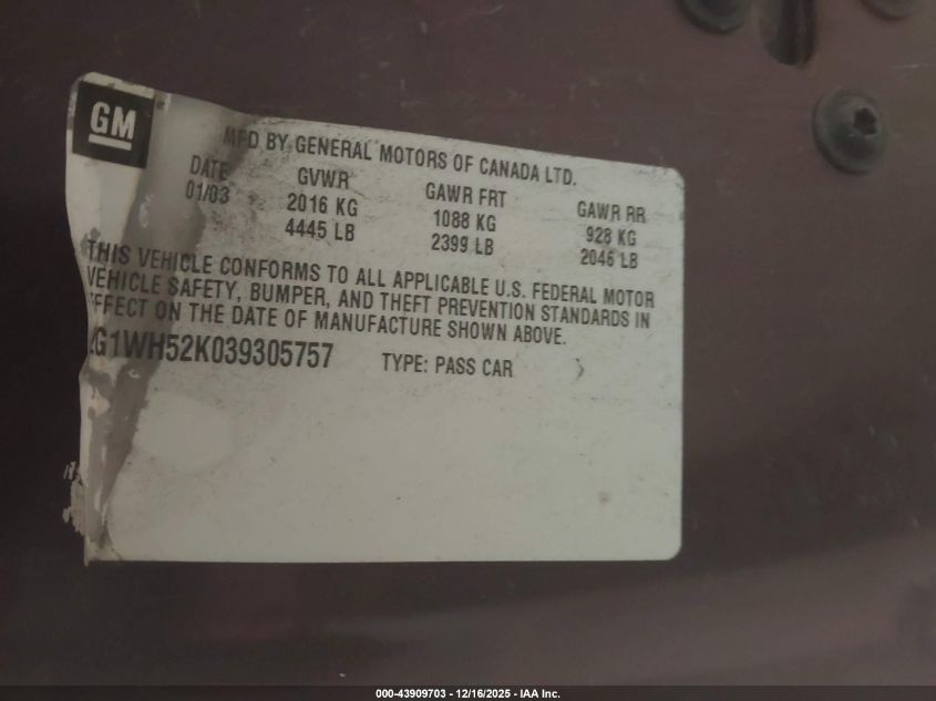 2003 Chevrolet Impala Ls VIN: 2G1WH52K039305757 Lot: 43909703