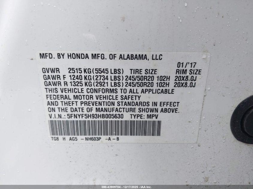 2017 Honda Pilot Touring VIN: 5FNYF5H93HB005630 Lot: 43909704