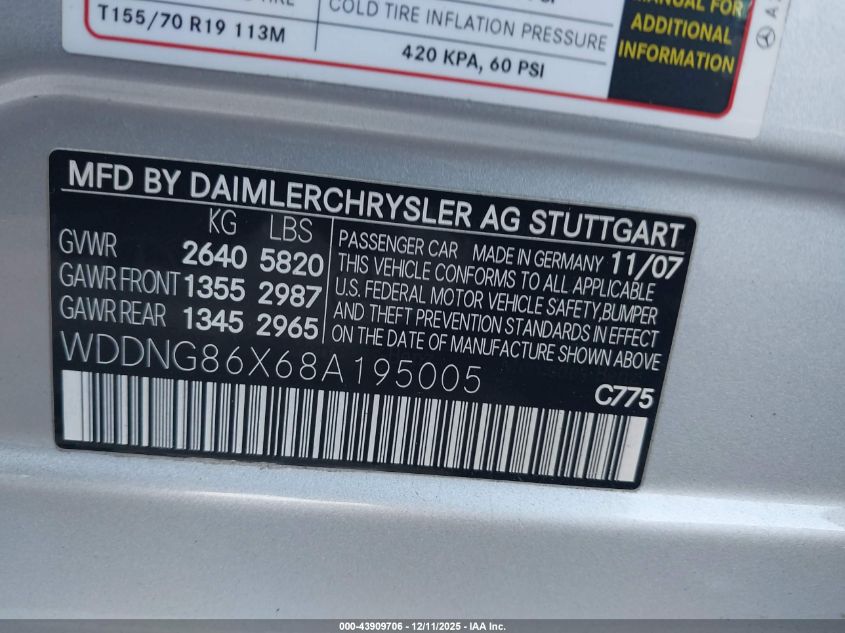 2008 Mercedes-Benz S 550 4Matic VIN: WDDNG86X68A195005 Lot: 43909706