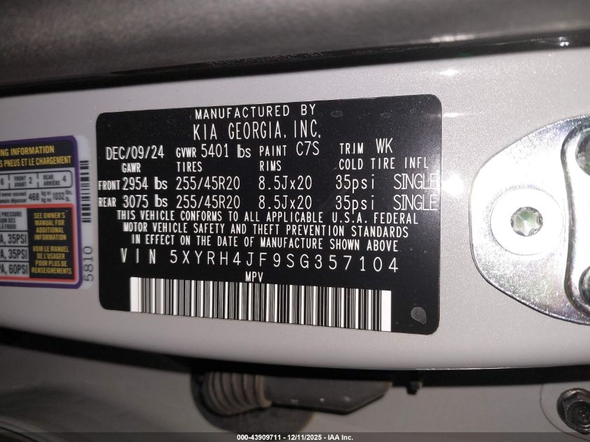 2025 Kia Sorento Ex VIN: 5XYRH4JF9SG357104 Lot: 43909711