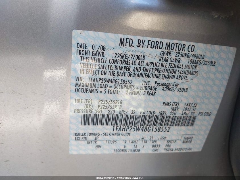 2008 Ford Taurus Limited VIN: 1FAHP25W48G158552 Lot: 43909715