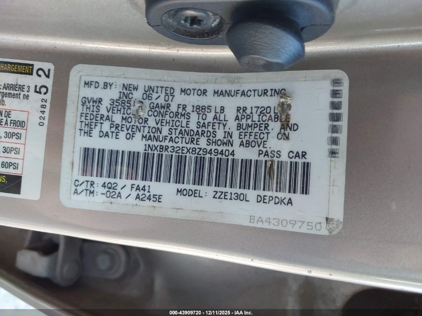 2008 Toyota Corolla Ce VIN: 1NXBR32EX8Z949404 Lot: 43909720