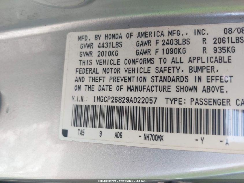 2009 Honda Accord 2.4 Ex-L VIN: 1HGCP26829A022057 Lot: 43909721