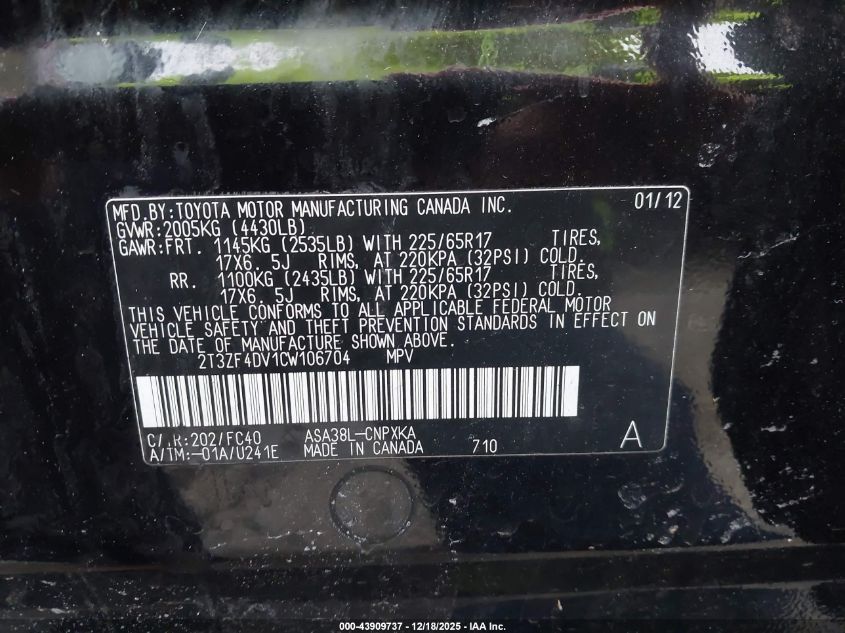 2012 Toyota Rav4 VIN: 2T3ZF4DV1CW106704 Lot: 43909737