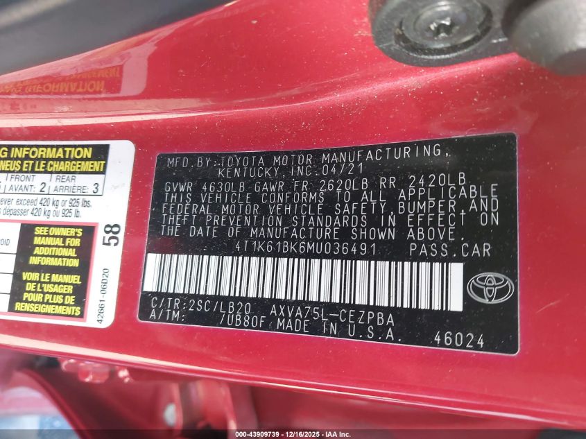2021 Toyota Camry Xse Awd VIN: 4T1K61BK6MU036491 Lot: 43909739