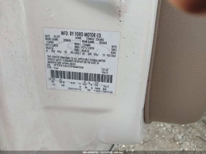 2007 Ford F-150 Fx4/Lariat/Xl/Xlt VIN: 1FTPX14V37FB44154 Lot: 43909753