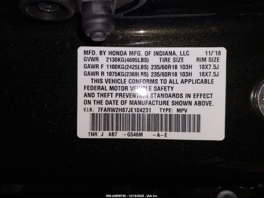 2018 Honda Cr-V Ex-L/Ex-L Navi VIN: 7FARW2H87JE104231 Lot: 43909755